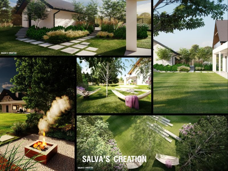 Kolaż wizualizacji ogrodu: ścieżka z płyt, trawnik, ognisko w palenisku, hamak z fioletowym pledem, nowoczesna architektura domu.