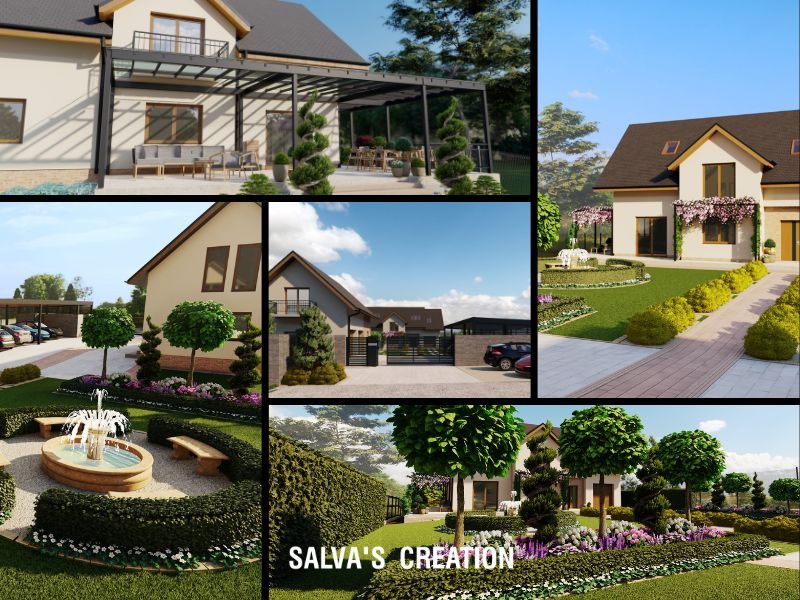 Wizualizacja domu z ogrodem, obejmująca pergolę z meblami wypoczynkowymi, fontannę otoczoną ławkami, oraz podjazd z zadaszonym parkingiem, prezentująca różne ujęcia i detale aranżacji.