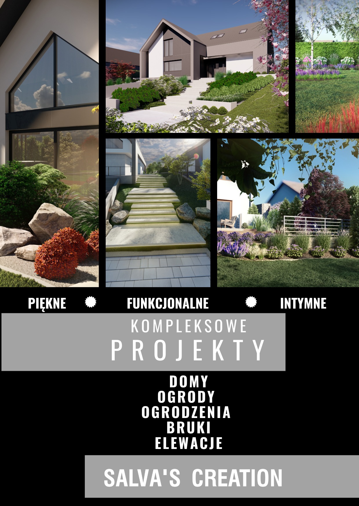 Kolaż wizualizacji 3D: nowoczesny dom z dużymi oknami, schody z kamienia prowadzące do domu, ogród z kwitnącymi roślinami i dekoracyjnym ogrodzeniem.