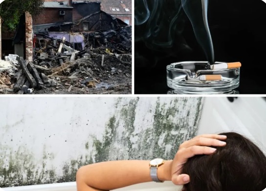 Kompozycja trzech ujęć: zniszczony budynek po pożarze, popielniczka z tlącymi się papierosami i zagrzybiona ściana w łazience z osobą trzymającą się za głowę.