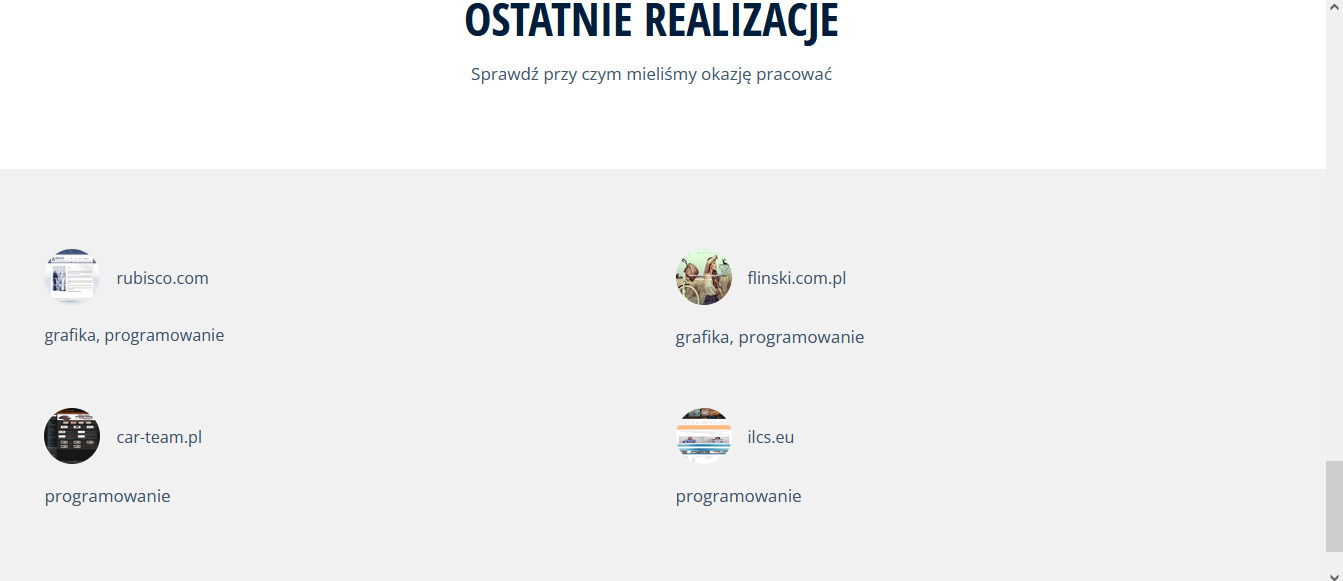 Prezentacja portfolio firm zrealizowanych projektów graficznych i programistycznych, zawierająca logotypy i adresy stron internetowych.