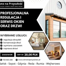 Grafika reklamowa firmy 'Okno na Przyszłość' oferującej regulację i serwis okien oraz drzwi, z listą wybranych usług, numerem telefonu i adresem strony internetowej, na tle nowoczesnego domu...