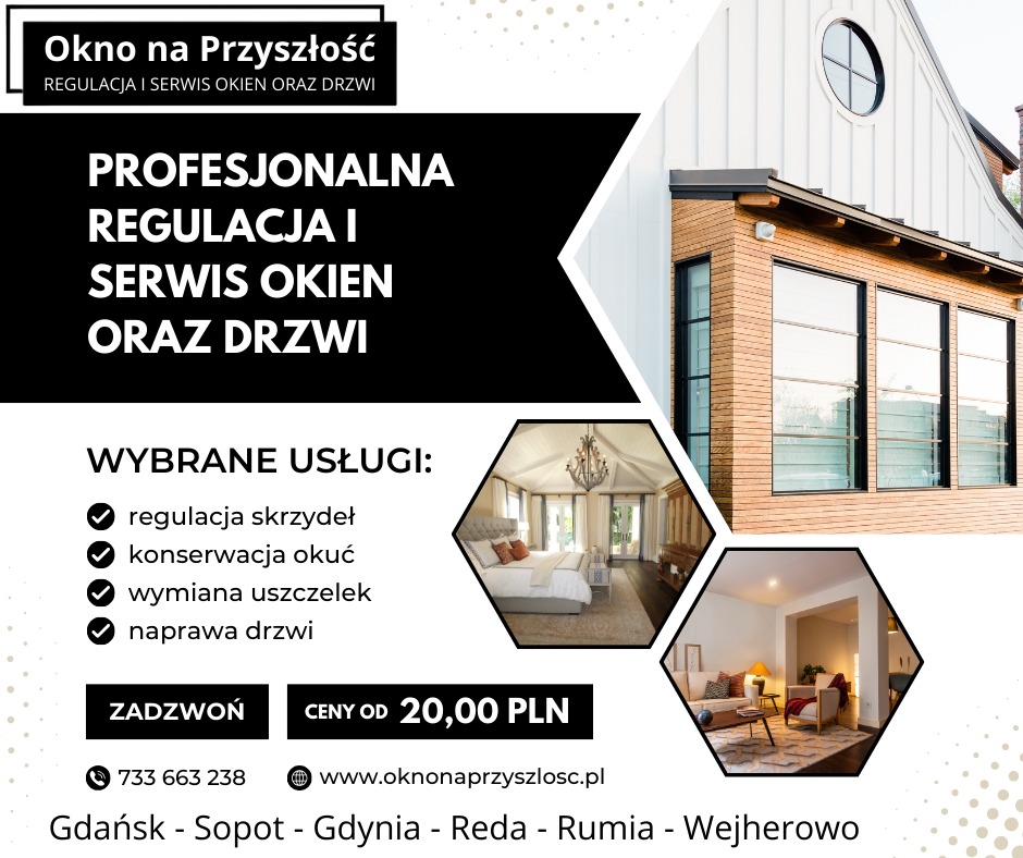 Grafika reklamowa firmy 'Okno na Przyszłość' oferującej regulację i serwis okien oraz drzwi, z listą wybranych usług, numerem telefonu i adresem strony internetowej, na tle nowoczesnego domu...