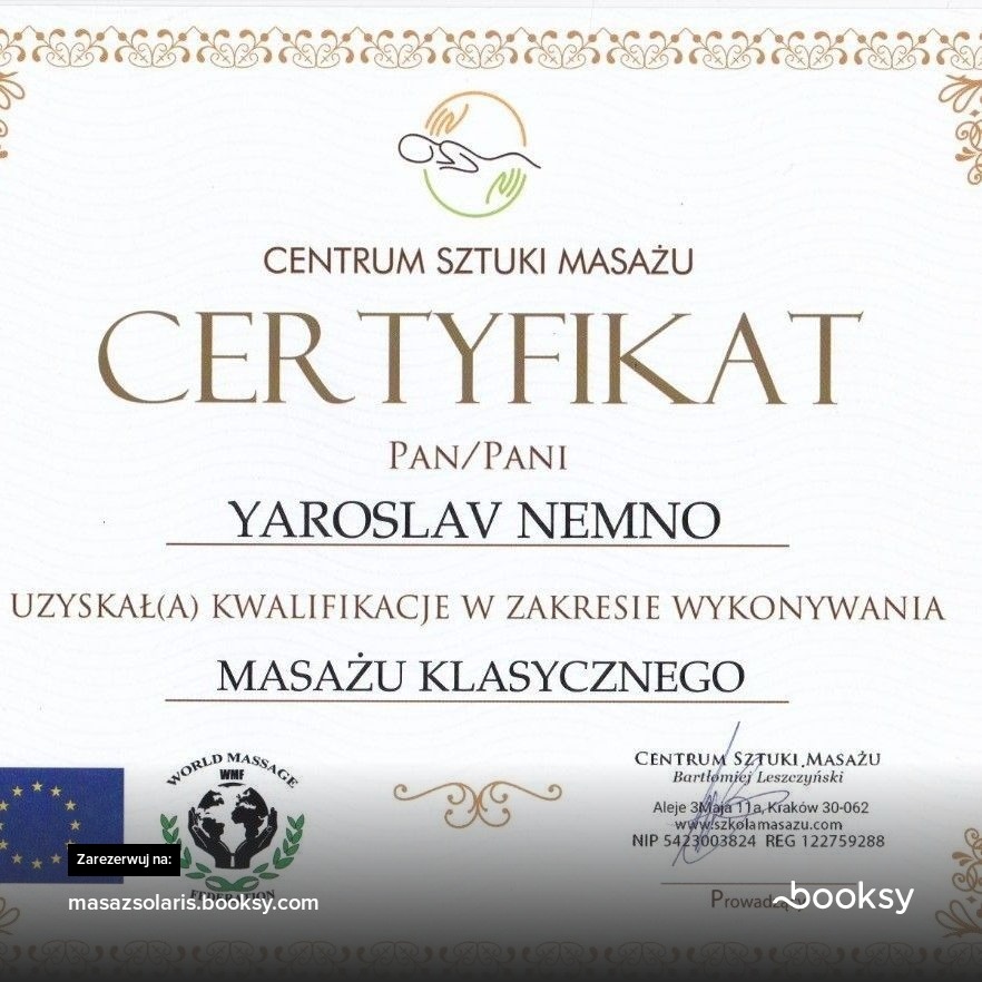 Certyfikat ukończenia kursu masażu klasycznego, wystawiony dla Yaroslava Nemno przez Centrum Sztuki Masażu Bartłomieja Leszczyńskiego, z logo World Massage Federation i adresem do rezerwacji online.