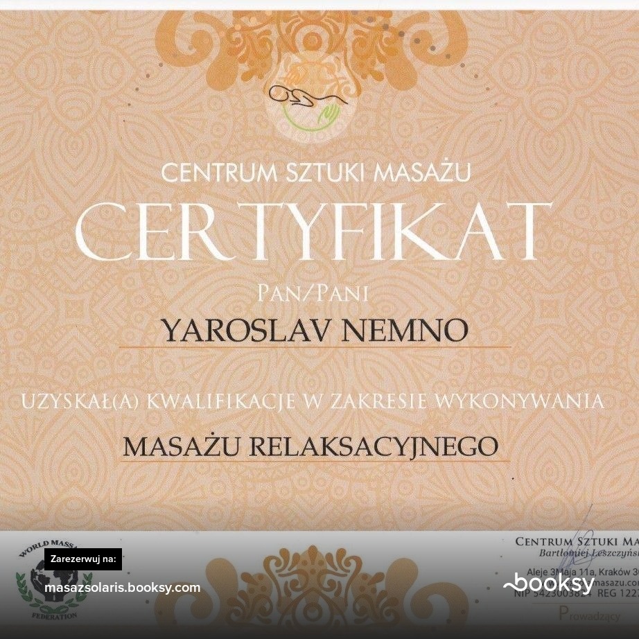Certyfikat ukończenia kursu masażu relaksacyjnego, wydany przez Centrum Sztuki Masażu dla Yaroslava Nemno, z logo World Mass Federation i adresem do rezerwacji online.