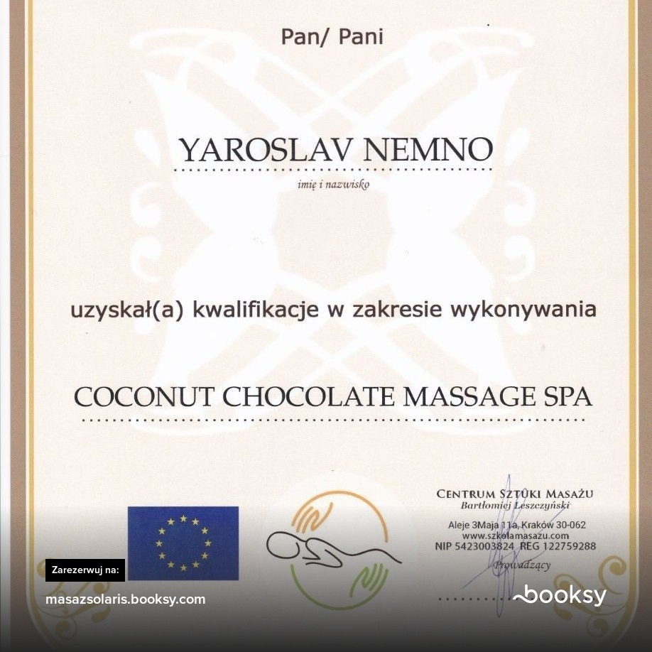 Certyfikat ukończenia kursu Coconut Chocolate Massage Spa na imię Yaroslav Nemno, wydany przez Centrum Sztuki Masażu Bartłomieja Leszczyńskiego w Krakowie.