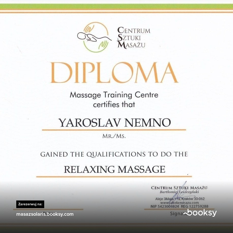 Dyplom Centrum Sztuki Masażu potwierdzający kwalifikacje do wykonywania masażu relaksacyjnego dla Yaroslava Nemno.