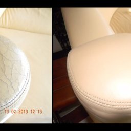 Center - Porównanie wyglądu podłokietnika skórzanego fotela przed i po renowacji: po lewej zniszczona, popękana skóra, po prawej odnowiona, gładka powierzchnia.