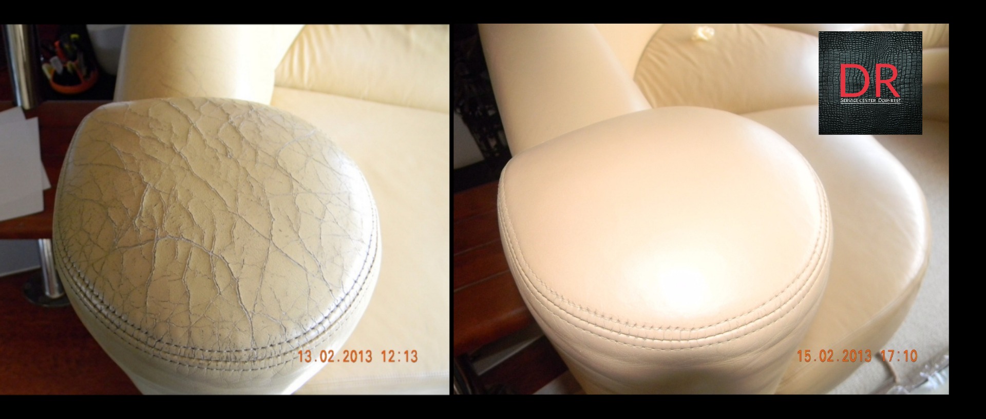 Porównanie wyglądu podłokietnika skórzanego fotela przed i po renowacji: po lewej zniszczona, popękana skóra, po prawej odnowiona, gładka powierzchnia.