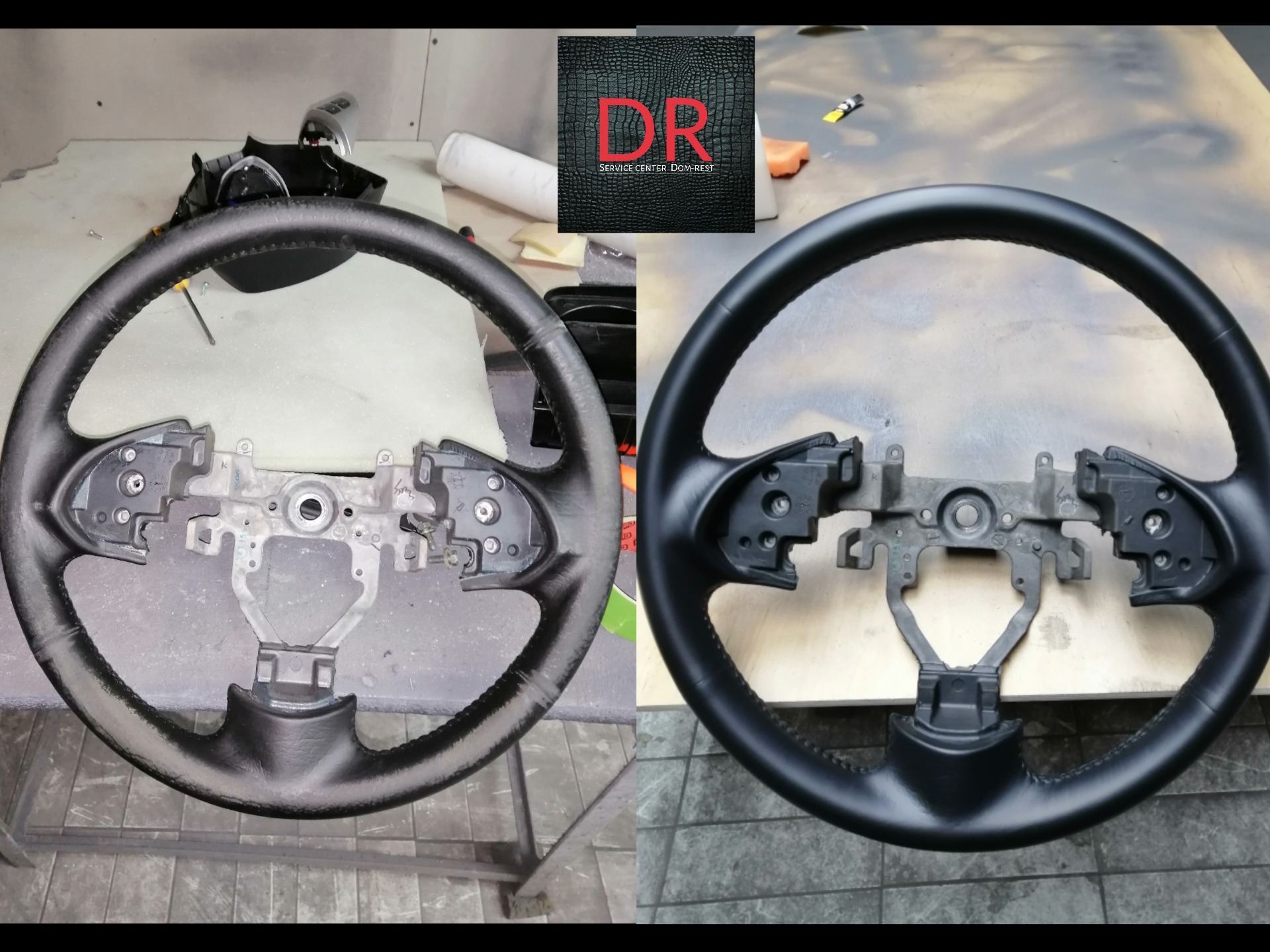 Porównanie: Kierownica samochodowa przed i po renowacji, widoczne ślady użytkowania po lewej stronie i gładka, odnowiona powierzchnia po prawej.