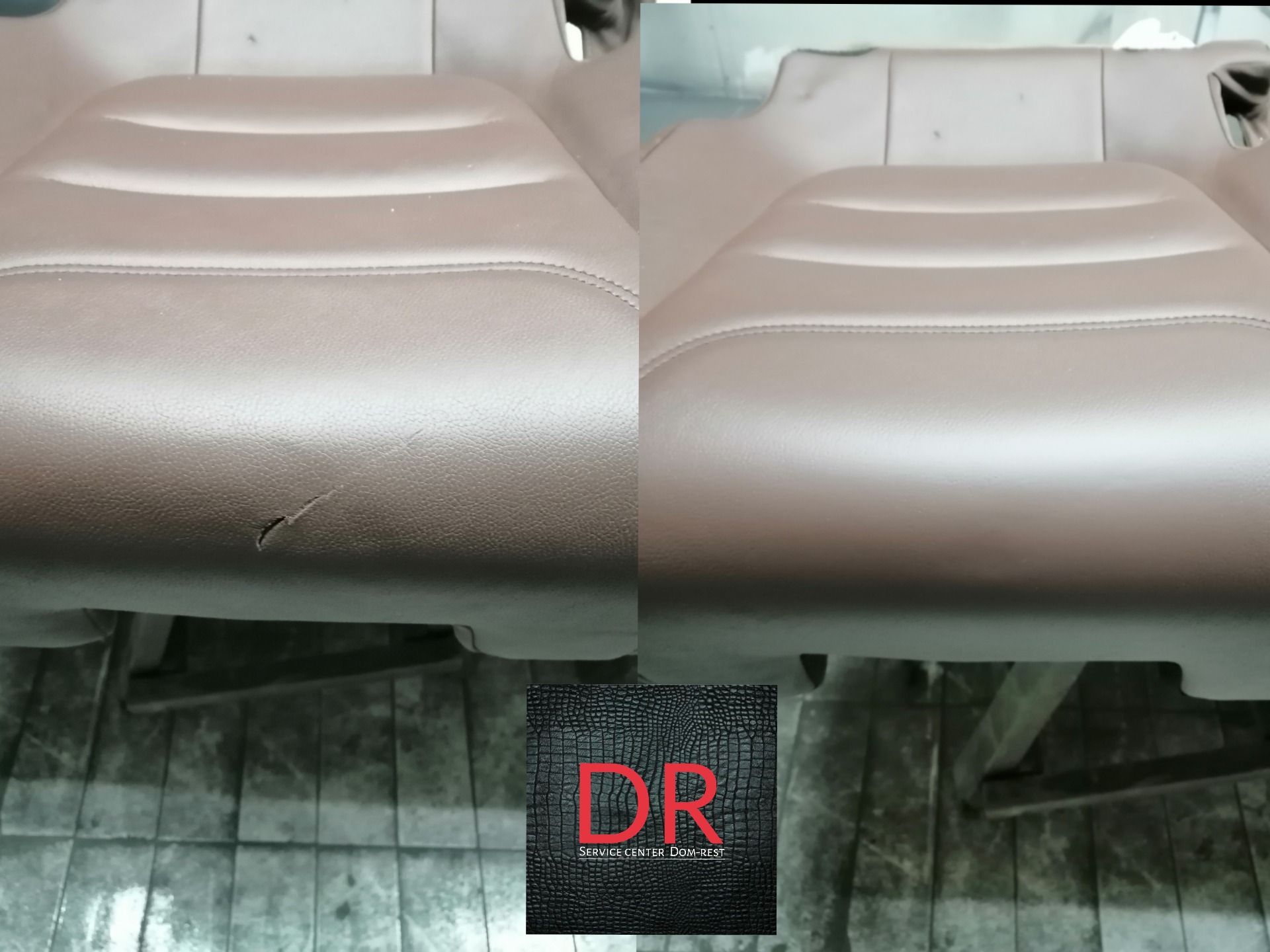 Porównanie tapicerki fotela samochodowego przed i po naprawie: usunięte rozdarcie i odświeżony wygląd.