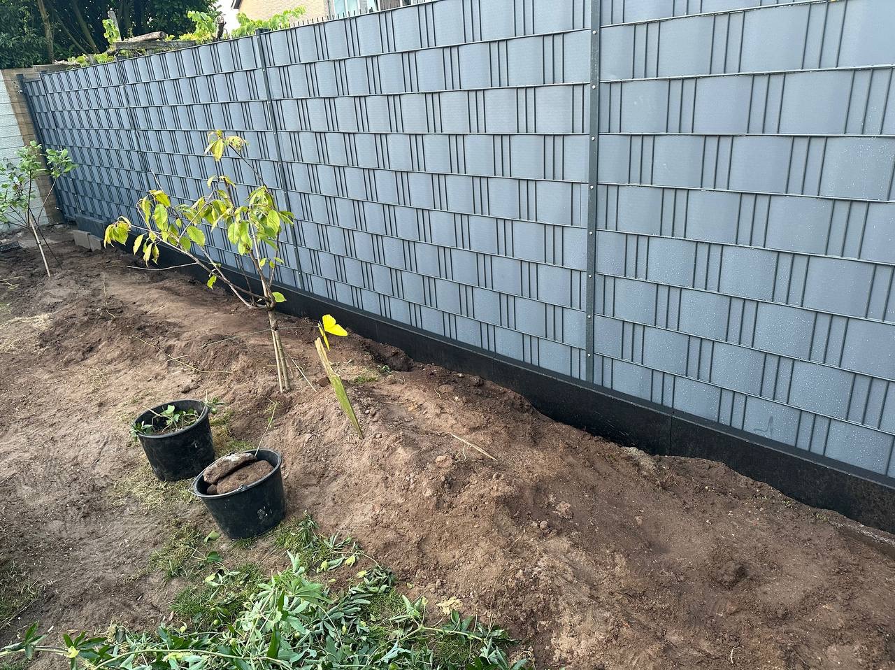 Szara, panelowa osłona ogrodowa z widocznymi młodymi drzewkami w doniczkach, świeżo posadzonymi w ziemi w Warszawie.
