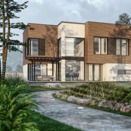 ARCHIQUALITY Krystian Nowak - Nowoczesny, dwukondygnacyjny dom z elementami drewnianymi i białymi, widoczny z kamiennej ścieżki w ogrodzie z fontanną i oświetleniem punktowym.