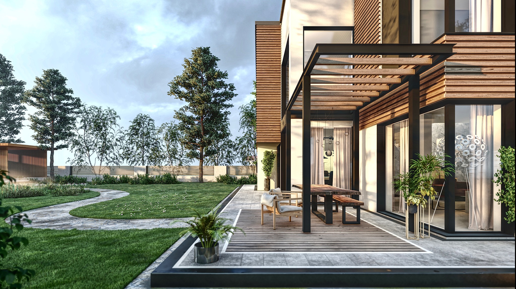 Nowoczesny dom z elementami drewnianymi i pergolą nad tarasem, widok z ogrodu z krętą ścieżką, minimalistyczne meble ogrodowe na drewnianym podeście.