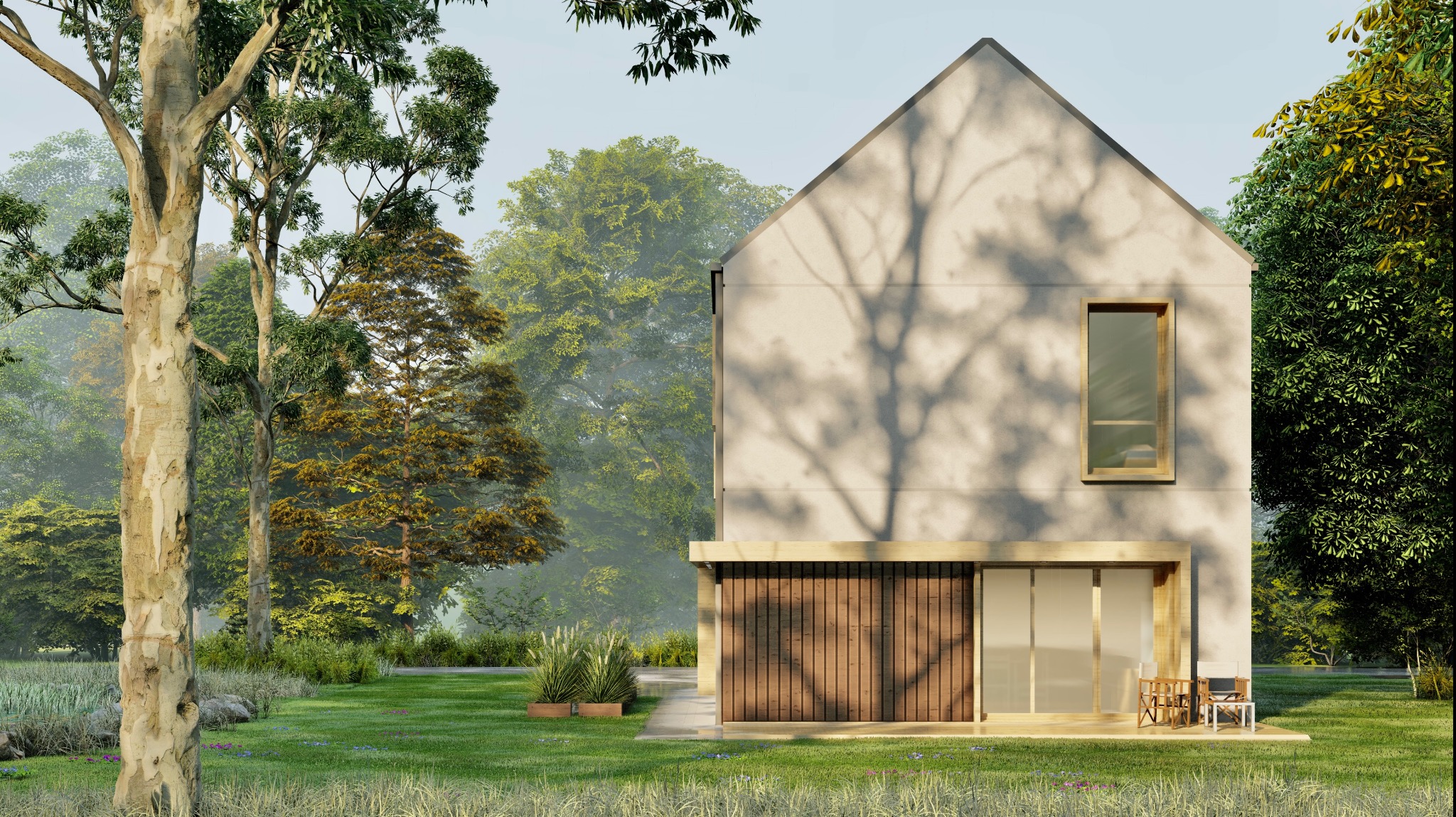 Wizualizacja nowoczesnego domu z płaskim dachem i drewnianą elewacją, otoczonego zielenią i drzewami, z widocznymi cieniami liści na fasadzie.