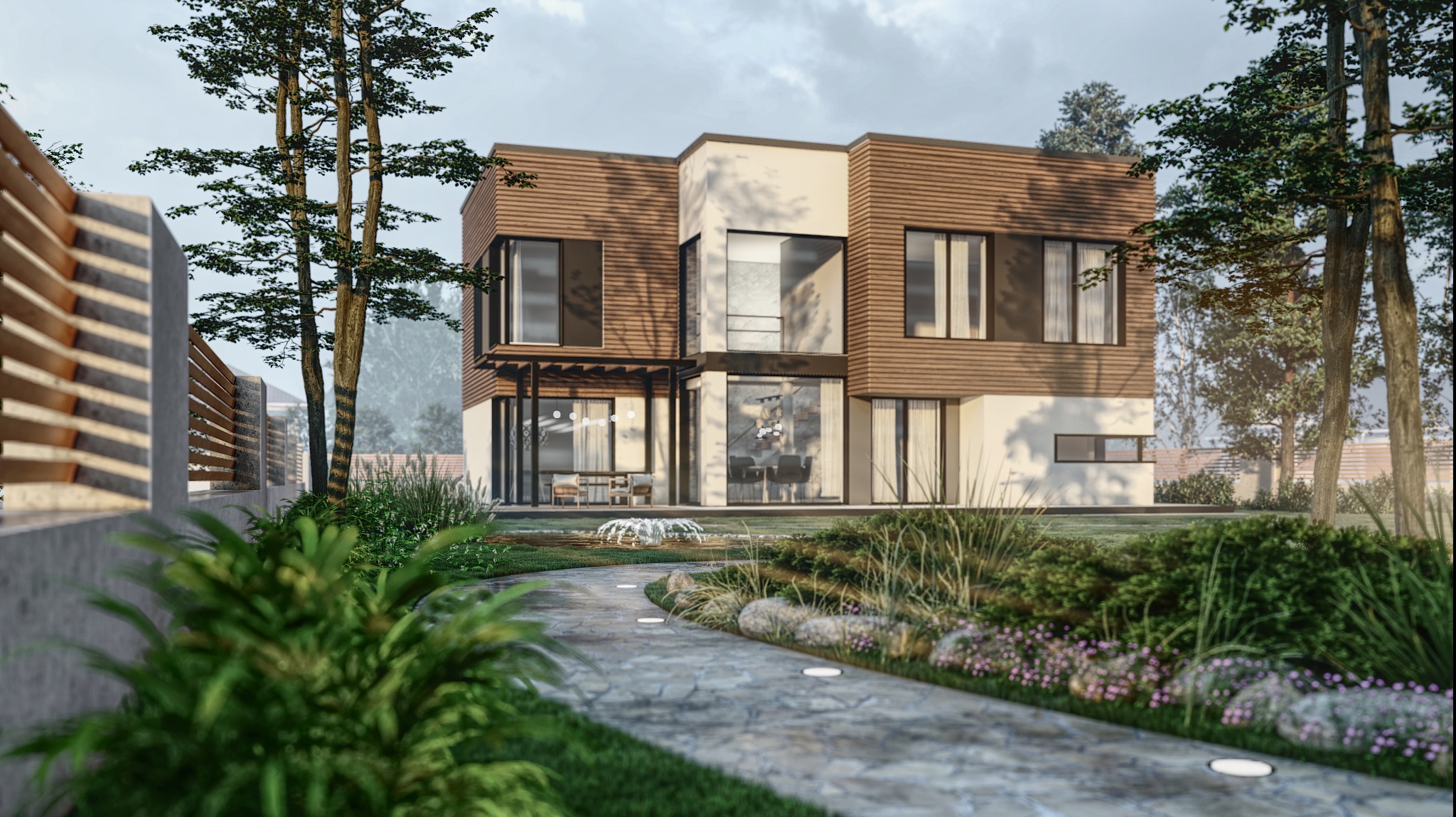 Nowoczesny, dwukondygnacyjny dom z elementami drewnianymi i białymi, widoczny z kamiennej ścieżki w ogrodzie z fontanną i oświetleniem punktowym.