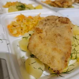 Porcja obiadowa w styropianowym pojemniku: panierowana ryba, gotowane ziemniaki z koperkiem i surówka z marchwi i kapusty, widoczne inne porcje w tle.