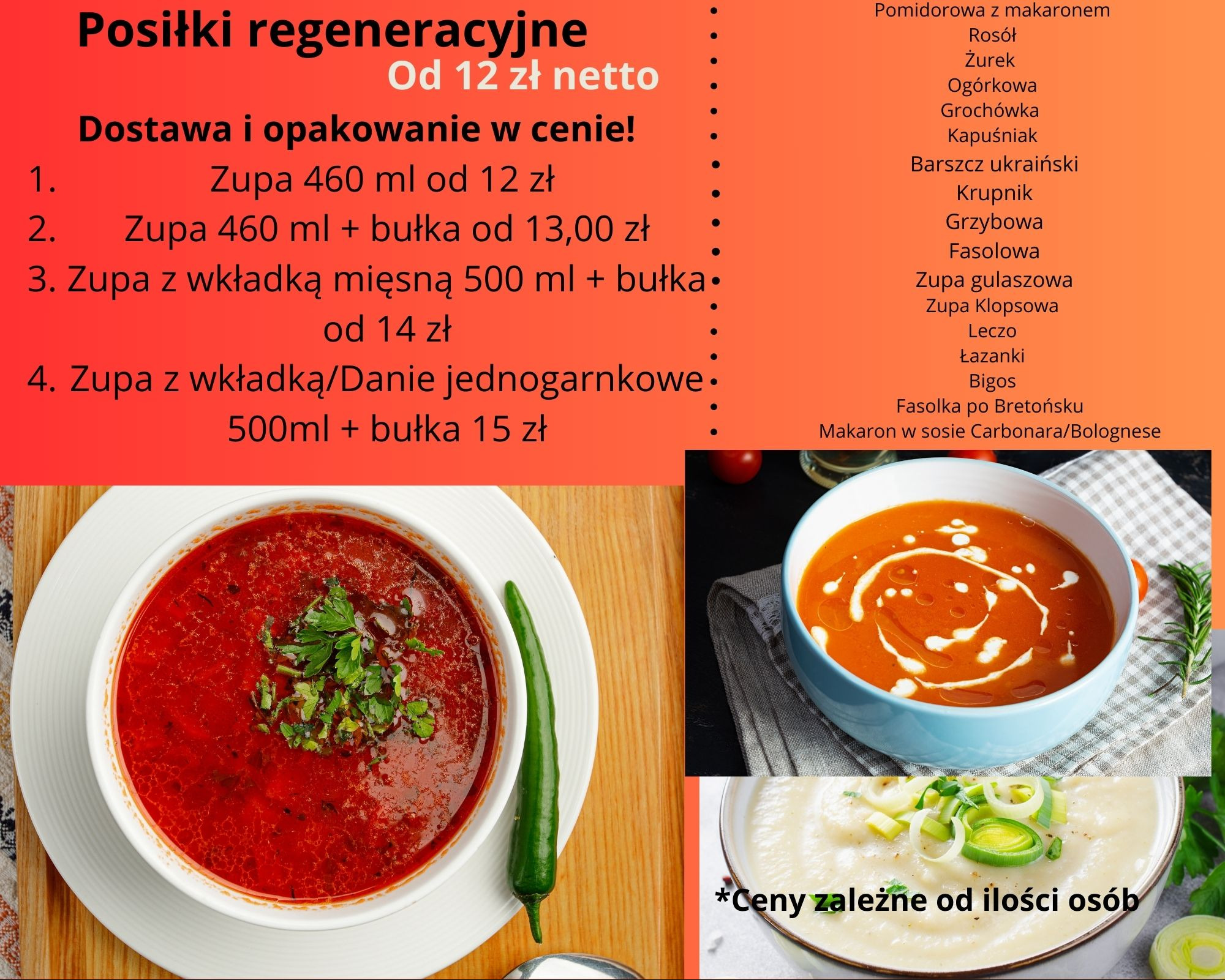 Menu z cenami różnych zup i dań jednogarnkowych, z trzema przykładami zup: barszcz ukraiński z zieloną pietruszką i papryczką chili, zupa krem pomidorowa z kleksem śmietany, zupa krem z porami.
