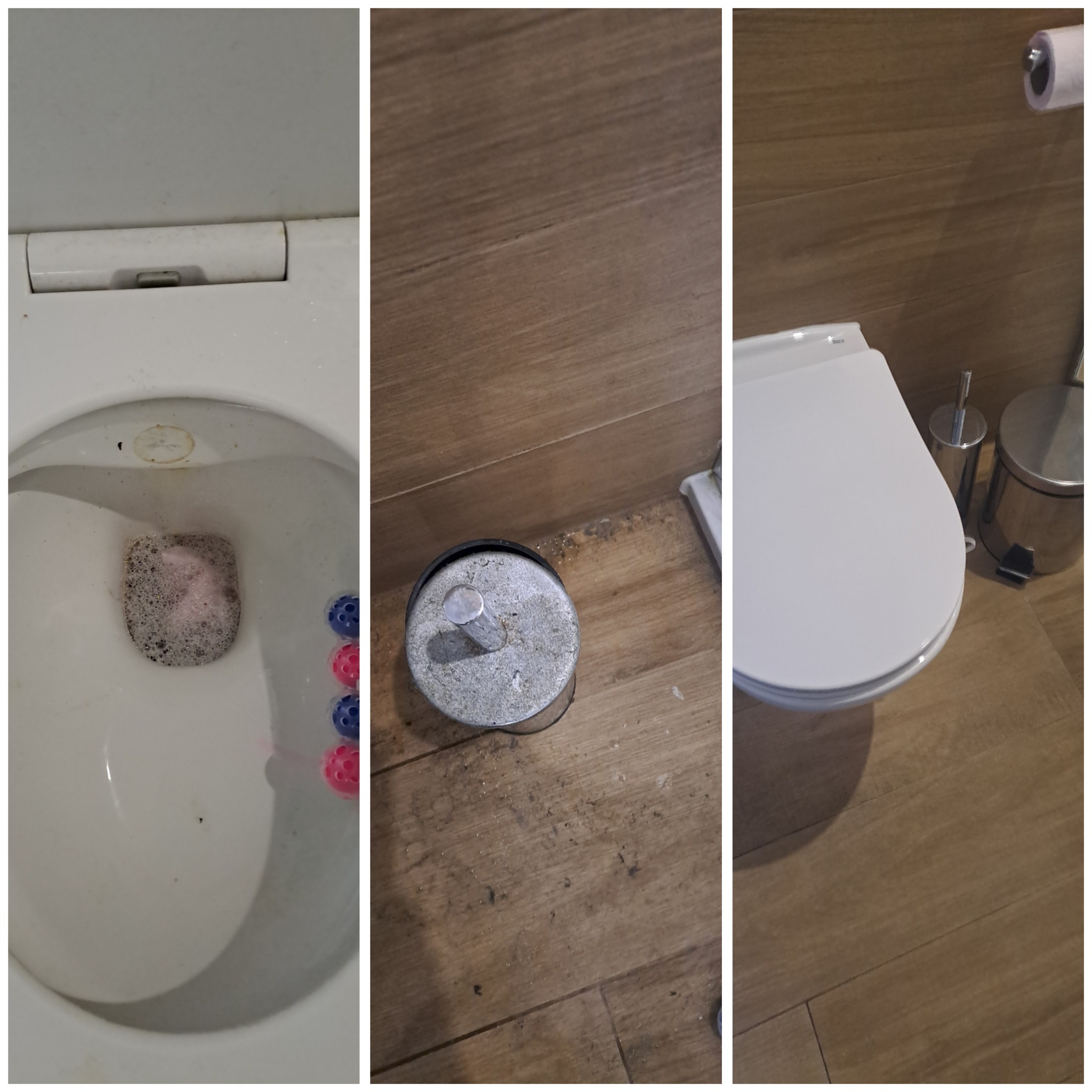 Brudna toaleta z kostką czyszczącą w muszli i zabrudzeniami na podłodze w łazience wyłożonej płytkami imitującymi drewno.