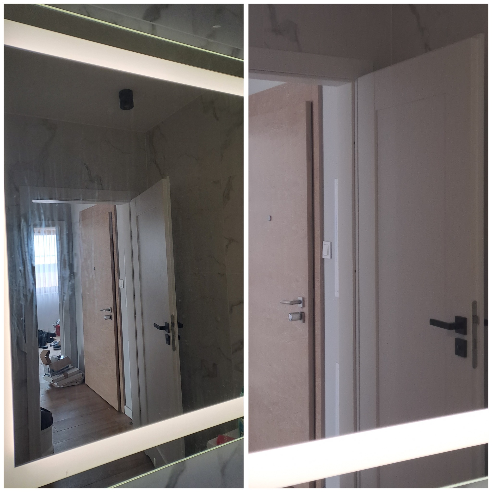 Odbicie w lustrze z podświetleniem LED ukazuje fragment łazienki z dwiema parami drzwi: jedna para wewnątrz łazienki, druga prowadząca do niej. Na podłodze widoczne kartony i resztki po remoncie.