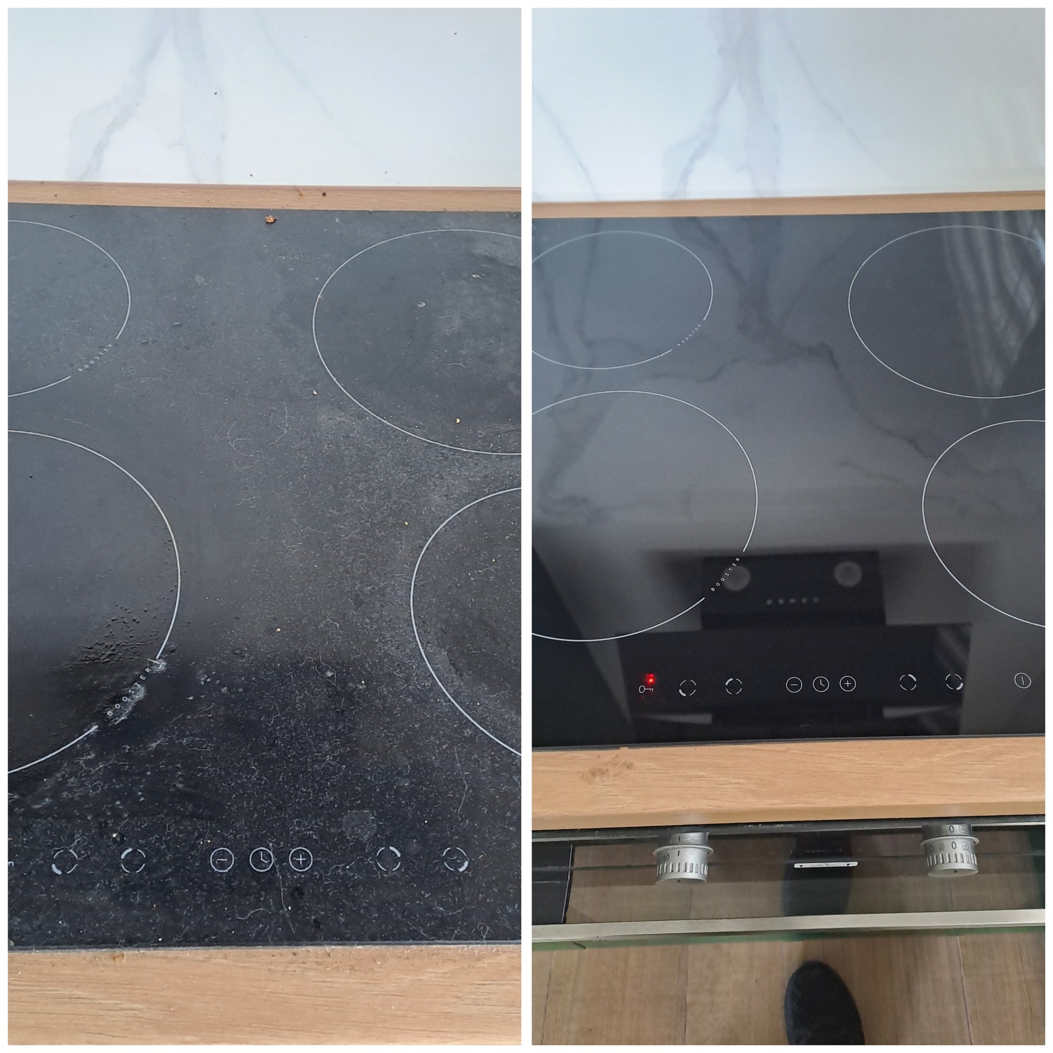 Porównanie stanu płyty indukcyjnej przed i po czyszczeniu: po lewej zabrudzona, z resztkami jedzenia i kurzem; po prawej czysta, błyszcząca, z widocznymi elementami sterującymi piekarnika.