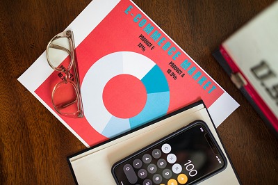 Analiza rynku e-commerce na wykresie kołowym z kalkulatorem na smartfonie, notatnikiem i okularami w złotych oprawkach.