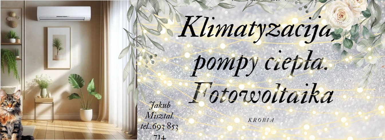 Grafika reklamowa firmy z Krobii, z klimatyzatorem na ścianie w tle, oferującej usługi w zakresie klimatyzacji, pomp ciepła i fotowoltaiki, ozdobiona motywami roślinnymi i świetlnymi.