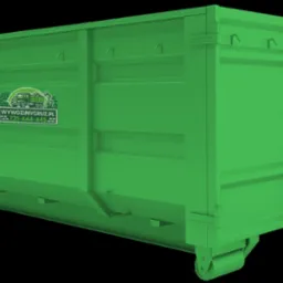 Zielony, pusty kontener na kółkach z naklejką firmy oferującej usługi transportowe, widok z boku na czarnym tle.