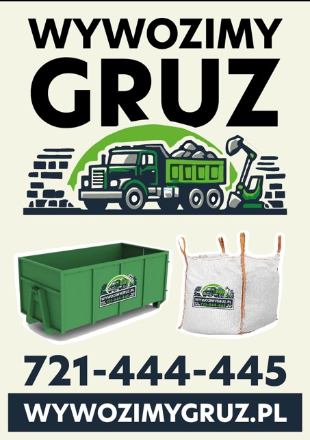 Grafika reklamowa firmy z Białej Podlaskiej oferującej usługi transportowe, prezentująca zielony kontener i worki typu Big Bag, a także ilustrację ciężarówki z gruzem i numer telefonu.