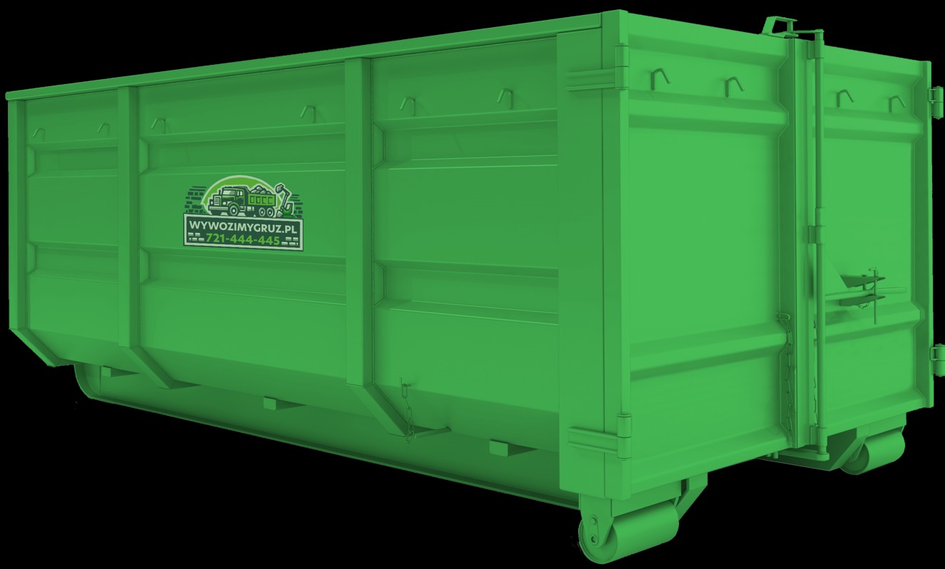 Zielony, pusty kontener na kółkach z naklejką firmy oferującej usługi transportowe, widok z boku na czarnym tle.