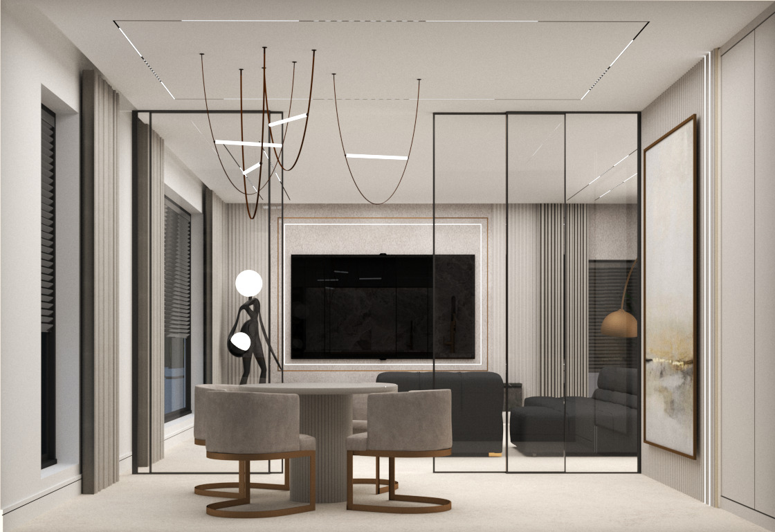 Nowoczesna aranżacja salonu z okrągłym stołem, krzesłami tapicerowanymi w odcieniach szarości i minimalistycznym oświetleniem wiszącym. W tle widoczny telewizor w obudowie i szklane drzwi przesuwne...