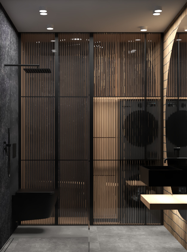 Nowoczesna łazienka z kabiną prysznicową oddzieloną lamelami, wisząca toaleta w kolorze czarnym, umywalka nablatowa i pralka ukryta za lamelami.