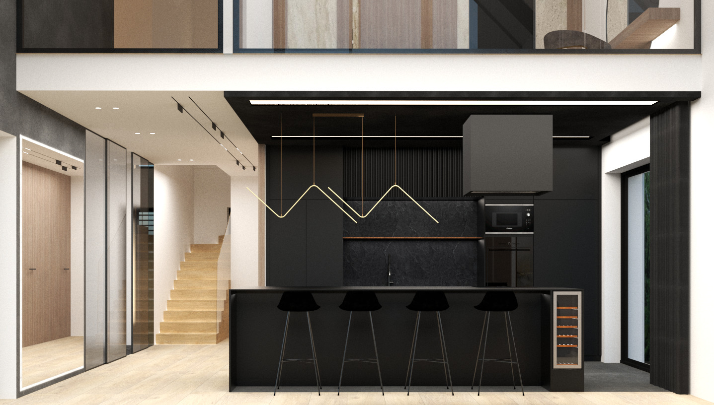Nowoczesna, czarna kuchnia z wyspą i czterema hokerami, oświetlona geometryczną lampą wiszącą; w tle widoczne schody i przeszklone drzwi.