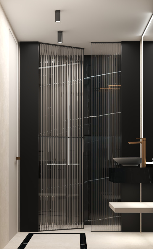 Nowoczesna łazienka z przeszklonymi przesuwnymi drzwiami z pionowymi listwami, czarnymi ścianami, marmurową posadzką z czarnymi akcentami, minimalistyczną umywalką i złotą baterią.
