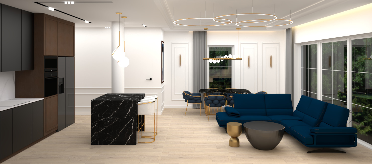 Nowoczesne wnętrze z otwartą kuchnią, wyspą z czarnego marmuru, barkiem z białymi krzesłami, granatową sofą i okrągłym stolikiem kawowym na jasnej podłodze.