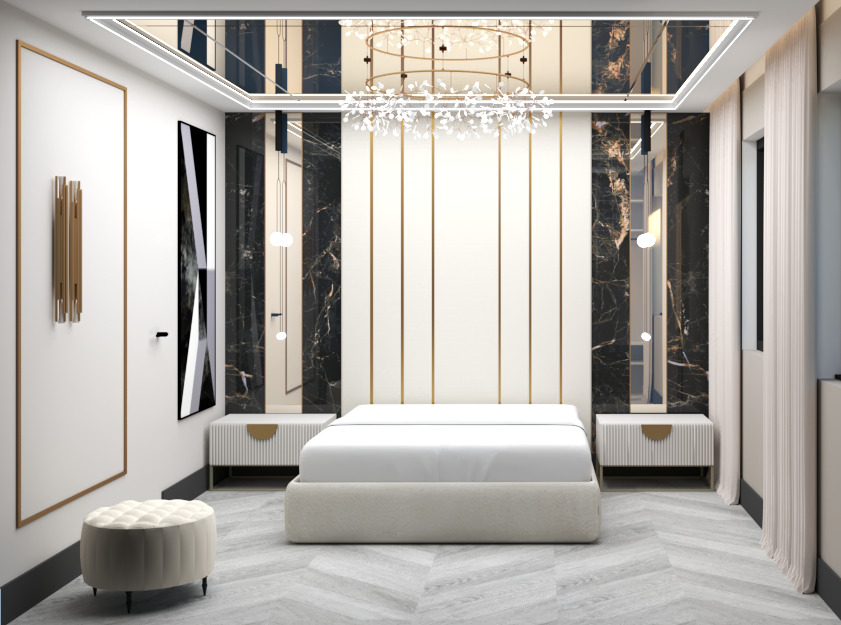 Nowoczesna sypialnia z łóżkiem kontynentalnym, minimalistycznymi szafkami nocnymi, marmurowymi akcentami i dekoracyjnym oświetleniem sufitowym.