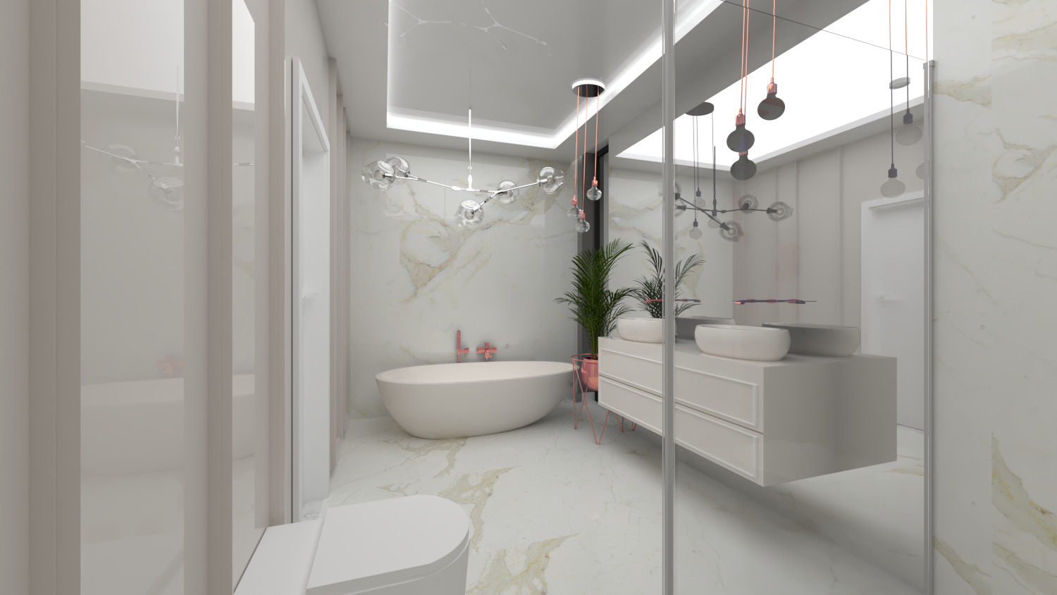 Wizualizacja nowoczesnej łazienki z marmurowymi ścianami, wolnostojącą wanną z różową armaturą, podwieszaną szafką z dwiema umywalkami i dekoracyjnym oświetleniem w postaci szklanych kul.