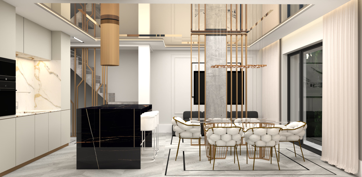 Nowoczesne wnętrze mieszkania z otwartą kuchnią, wyspą z czarnego marmuru, designerskimi krzesłami przy stole jadalnym i schodami w tle.