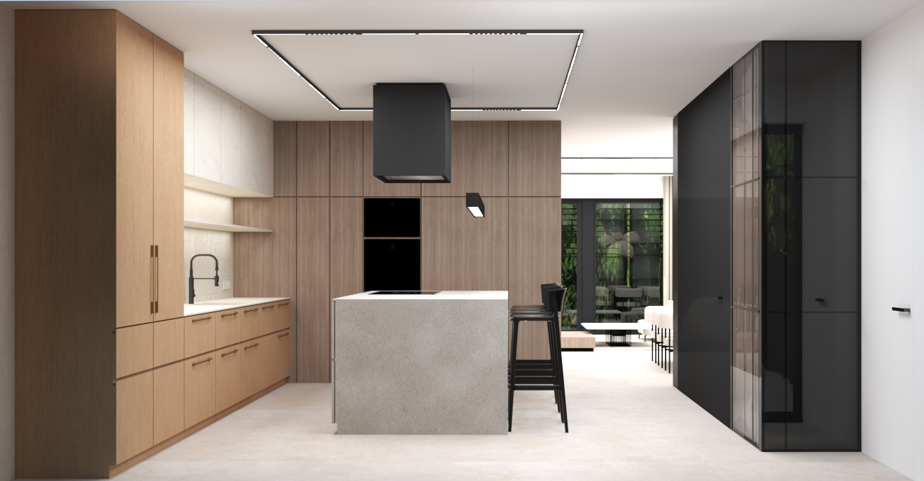 Wizualizacja nowoczesnej kuchni z drewnianymi frontami szafek, szarym blatem wyspy i czarnymi elementami wykończeniowymi, oświetlona listwami LED pod sufitem.