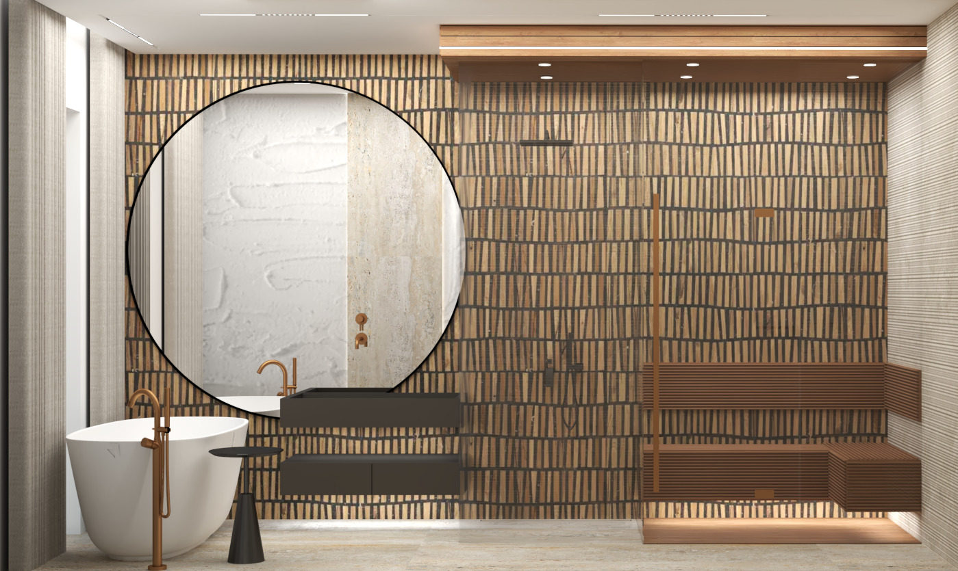 Nowoczesna łazienka z wolnostojącą wanną, okrągłym lustrem, drewnianą ścianą z unikalnym wzorem i szklaną kabiną prysznicową z drewnianą ławką.