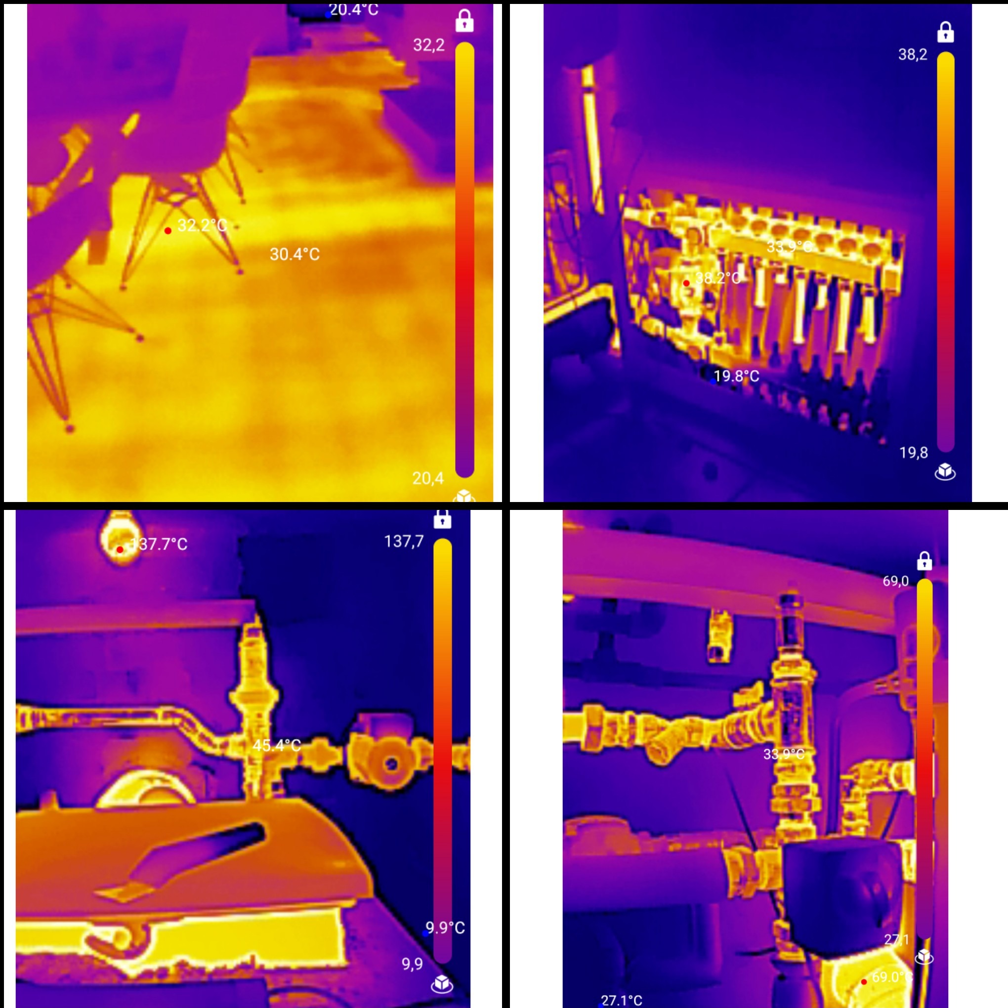 Cztery kadry termowizyjne przedstawiające instalacje grzewcze: ogrzewanie podłogowe, kotłownia, rury i zawory, z zaznaczonymi temperaturami na poszczególnych elementach.