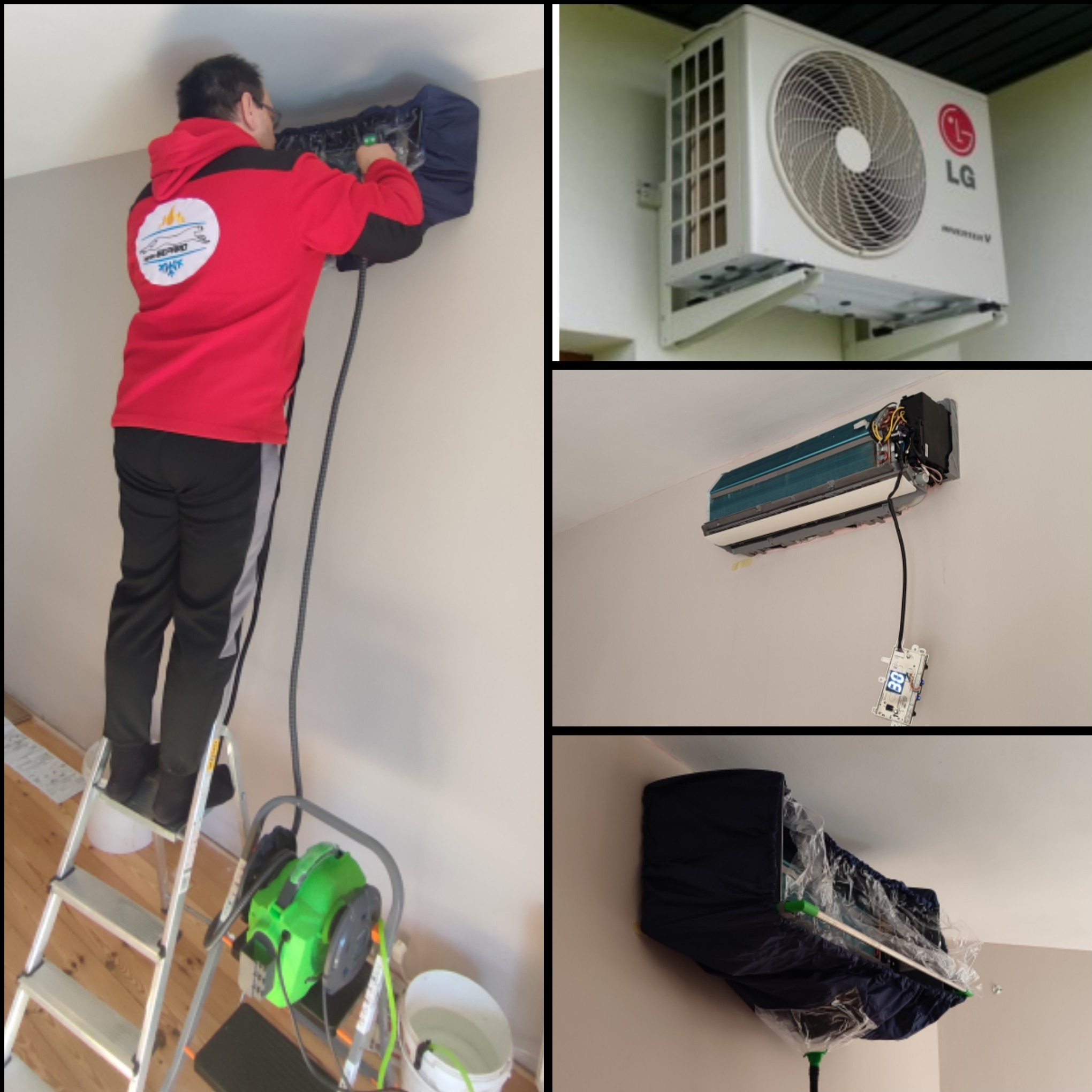 Mężczyzna na drabinie czyści parownicą klimatyzator, zabezpieczony pokrowcem ochronnym, widoczny sprzęt czyszczący i wiadro z wodą.