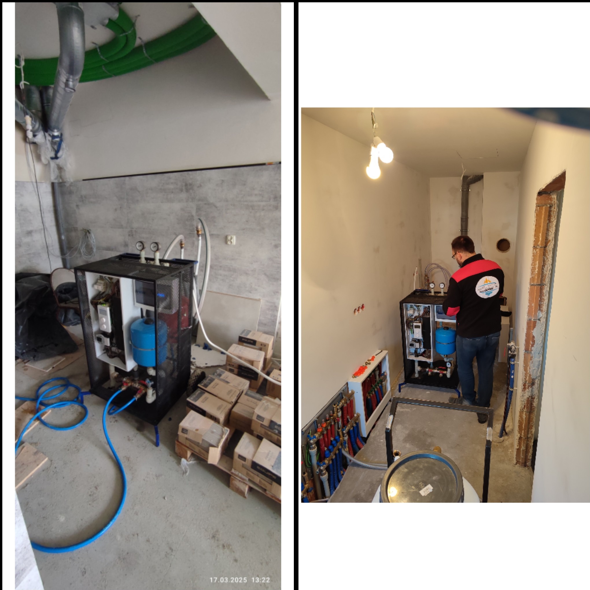 Dwa ujęcia kotłowni w trakcie montażu: po lewej surowy stan z przewodami wentylacyjnymi pod sufitem i paletami płytek, po prawej instalator w firmowej bluzie przy rozdzielaczu i kotle