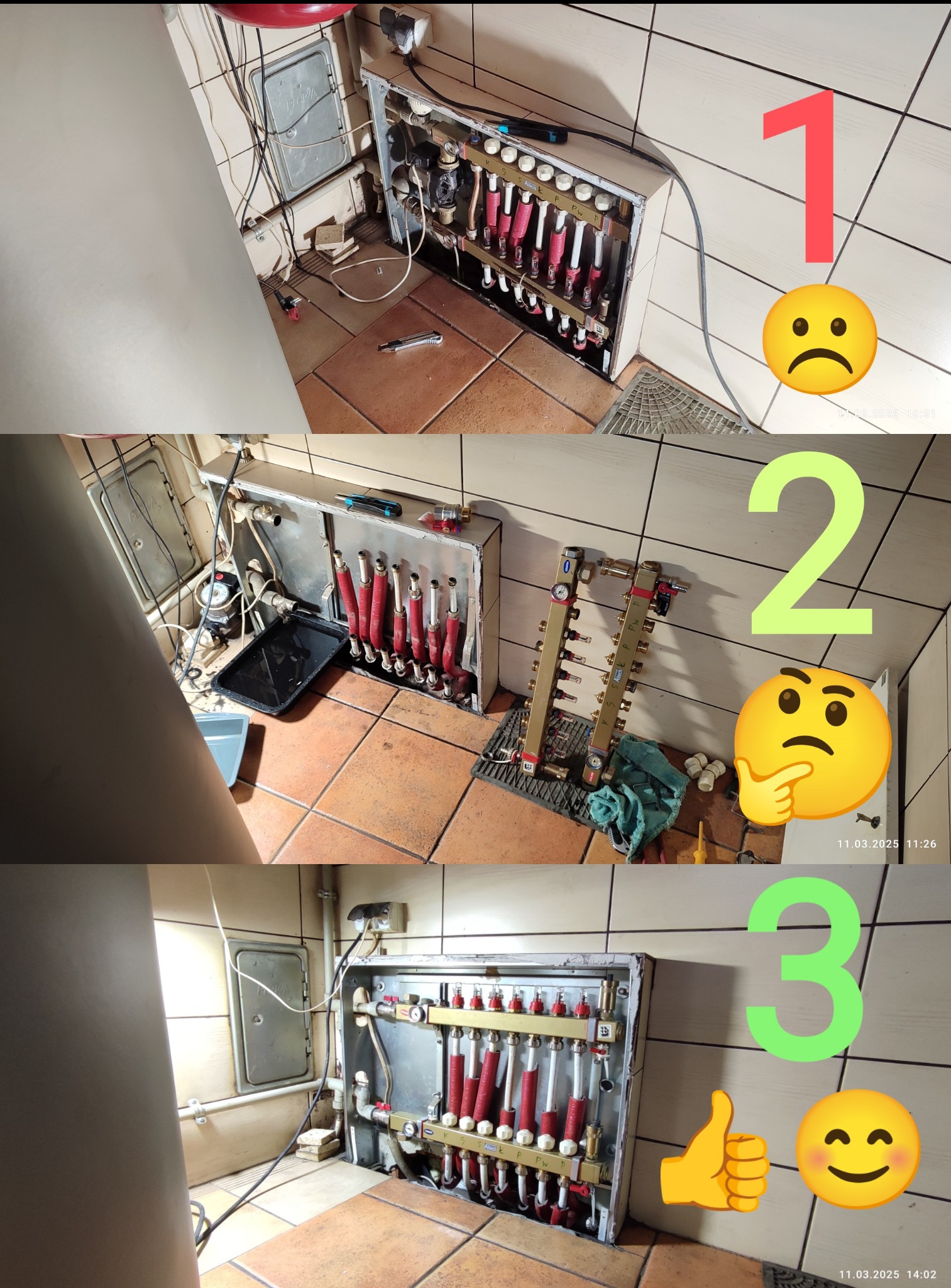 Rozdzielacz ogrzewania podłogowego z czerwonymi rurami, widoczne przyłącza i regulacja, montowany w metalowej obudowie na tle ceramicznej podłogi i ściany z płytek.