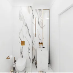 Minimalistyczna łazienka w bieli z akcentami złota: marmurowa ściana, wisząca toaleta, umywalka kolumnowa i złota armatura.