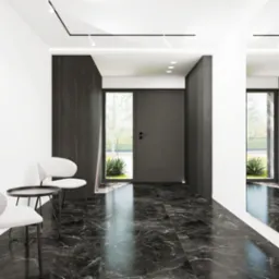 Nowoczesny przedpokój z czarną marmurową podłogą, białymi ścianami, abstrakcyjnym obrazem w odcieniach różu i dwoma białymi krzesłami z czarnym stolikiem kawowym. W głębi widoczne drzwi wejściowe...