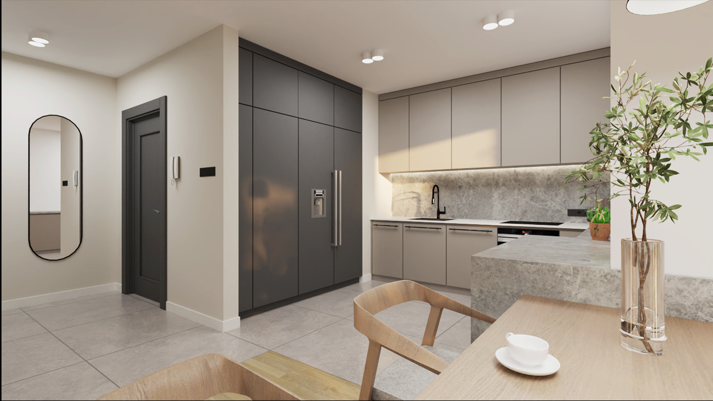 Wnętrze nowoczesnej kuchni z szarymi szafkami, marmurowym backsplash, drewnianymi krzesłami i owalnym lustrem w przedpokoju widocznym w tle.