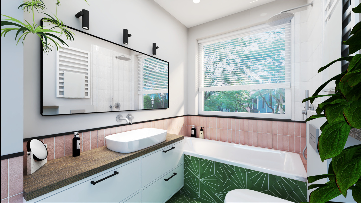 Nowoczesna łazienka z umywalką nablatową, lustrem w czarnej ramie, wanną z geometrycznym wzorem i roślinami doniczkowymi