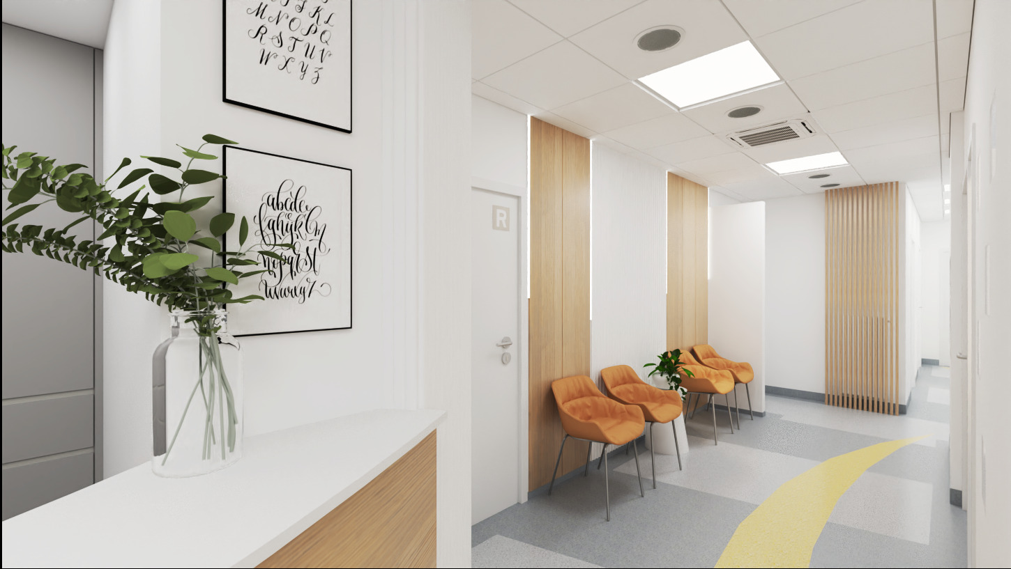 Nowoczesna poczekalnia biurowa z pomarańczowymi krzesłami, drewnianymi panelami ściennymi i dekoracjami w postaci roślin i plakatów z alfabetem.