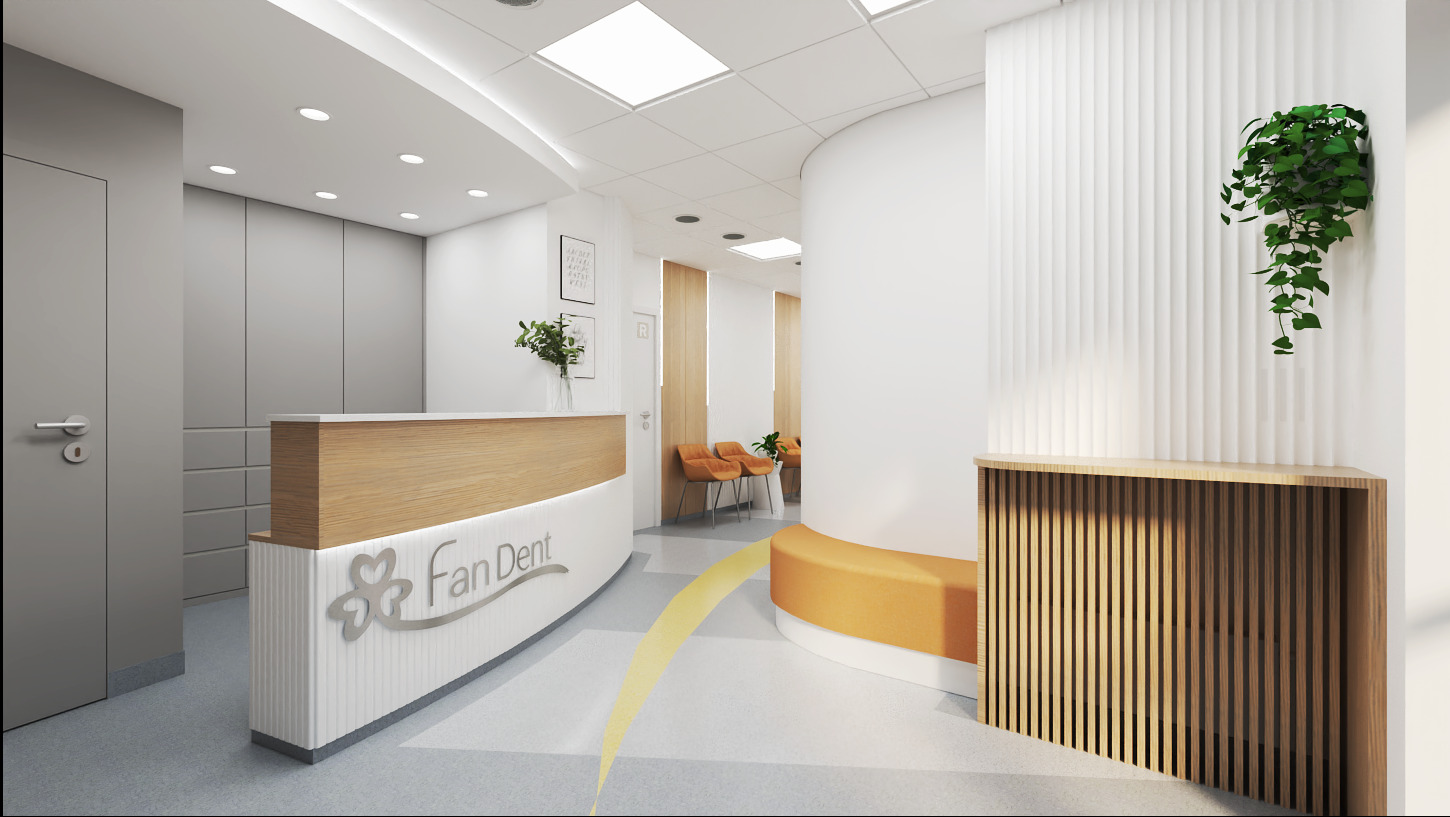 Wizualizacja recepcji biurowej z drewnianym blatem, logo 'Fan Dent', rośliną wiszącą na ścianie i elementami dekoracyjnymi z lameli.